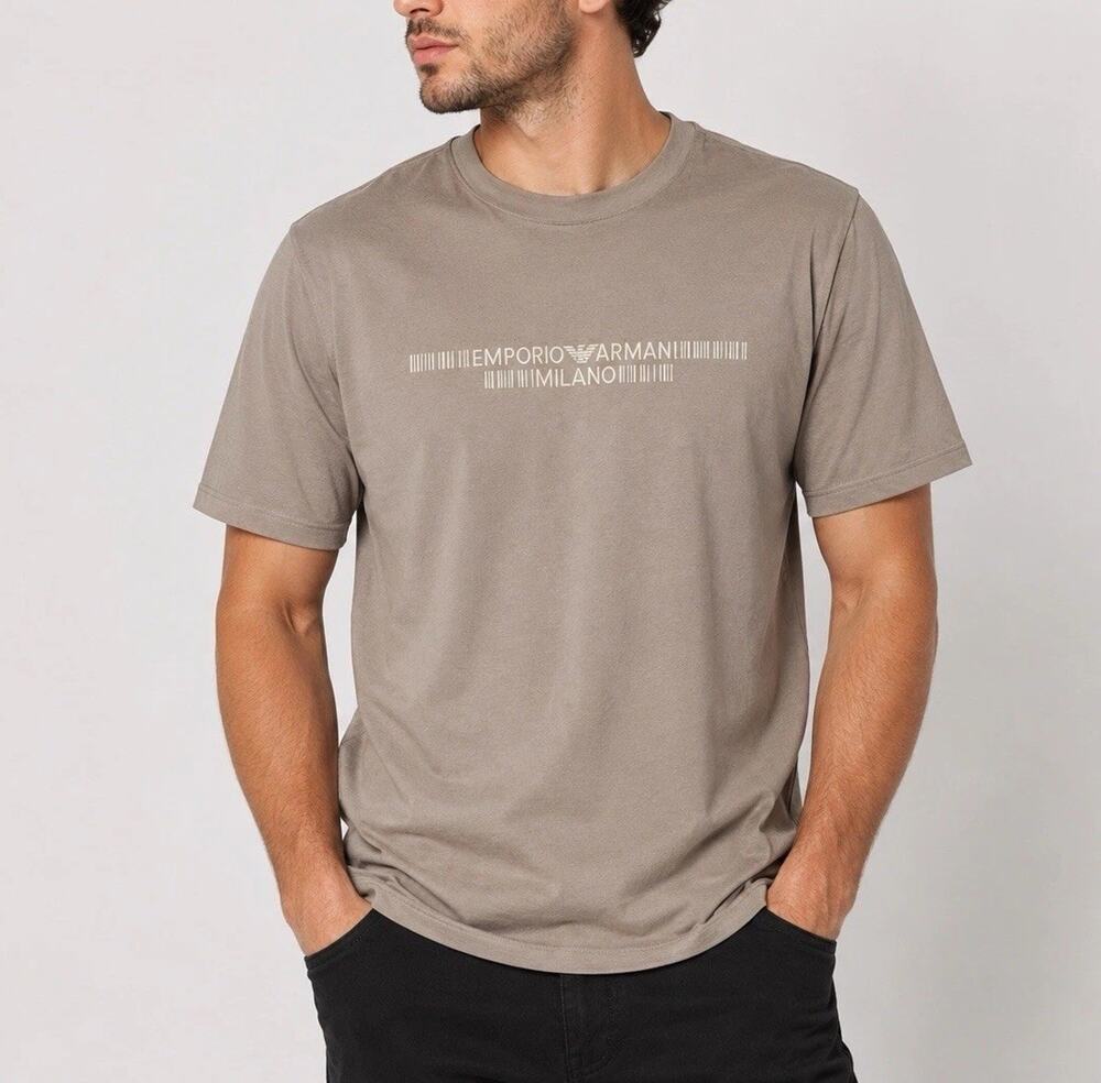 Emporio Armani Milano Logo T-Shirt Mens 2XL Taupe Beige Crew Neck NWT Cotton